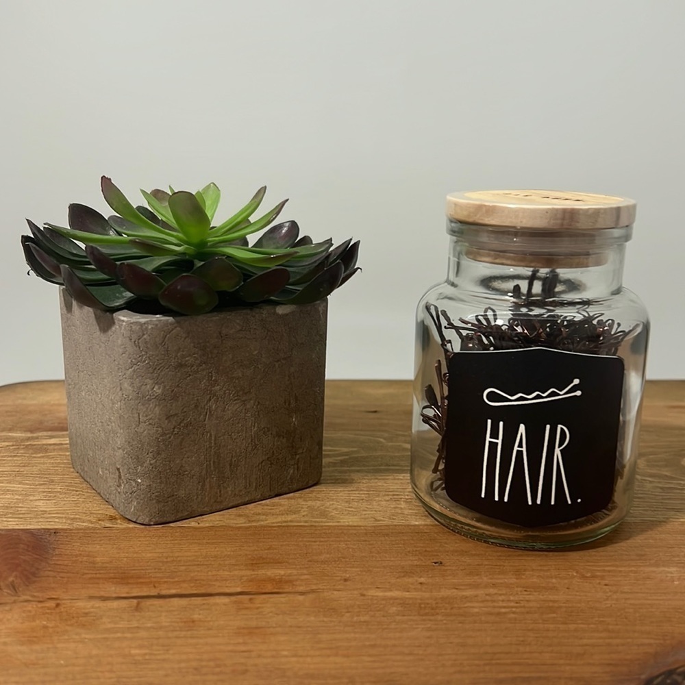✨RAE DUNN Glass Jar filled with bobby pins.